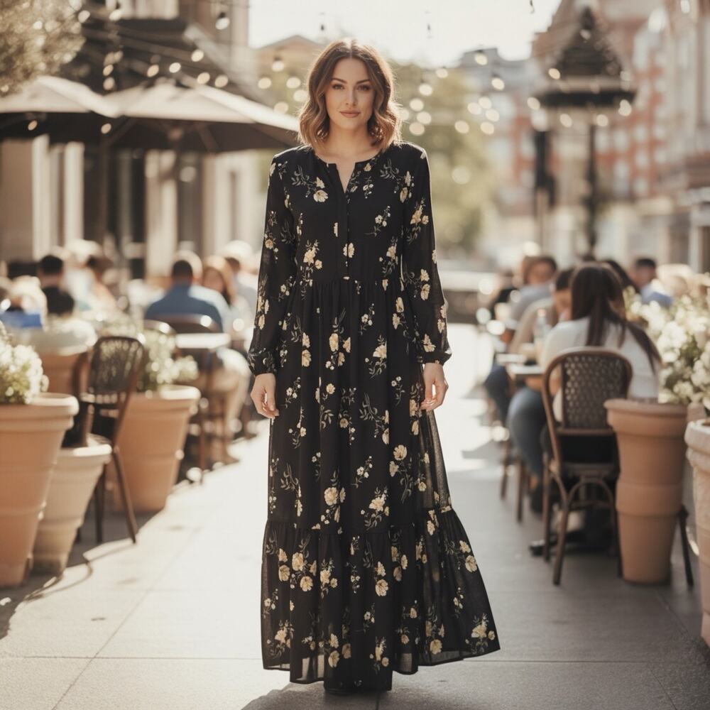 Old Navy Black Yellow Floral Tiered Maxi Dress Women’s Size Small